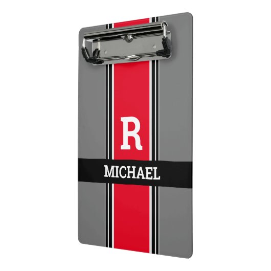 モノグラはっきりしたムと名前、赤グレーと黒のストライプ ミニクリップボード (アングル2)