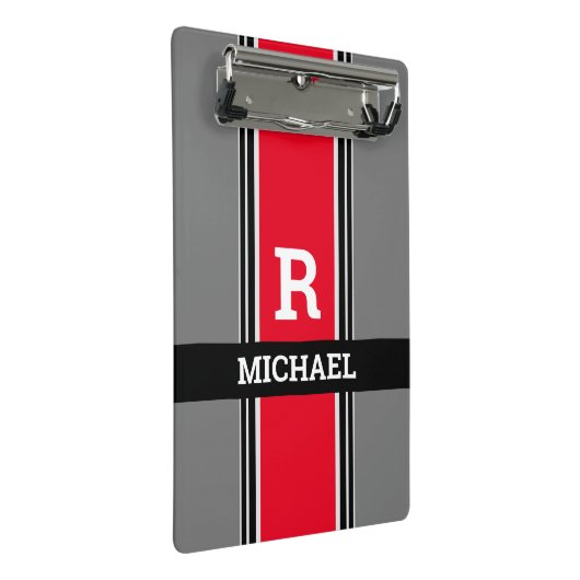 モノグラはっきりしたムと名前、赤グレーと黒のストライプ ミニクリップボード (アングル)