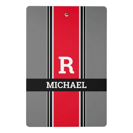 モノグラはっきりしたムと名前、赤グレーと黒のストライプ ミニクリップボード (裏面)