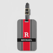 モノグラはっきりしたムと名前、赤グレーと黒のストライプ ラゲッジタグ (正面縦)