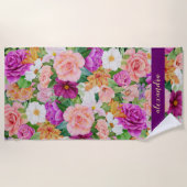 モノグラはっきりしたム水カラフル色フローラ紫 ビーチタオル (正面)