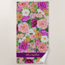 モノグラはっきりしたム水カラフル色フローラ紫 ビーチタオル