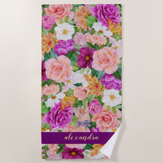 モノグラはっきりしたム水カラフル色フローラ紫 ビーチタオル (正面)