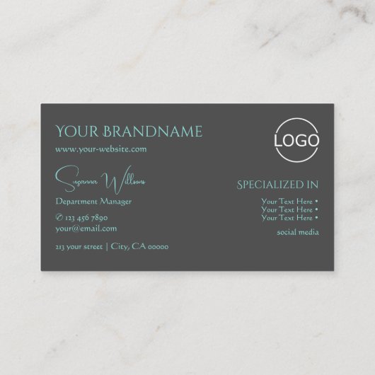 モノグラエレガントムとロゴ付きプレーングレーティール（緑がかった色） 名刺 (裏面)