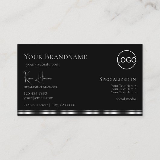 モノグラエレガントムとロゴ付き無地ブラックシルバー 名刺 (裏面)