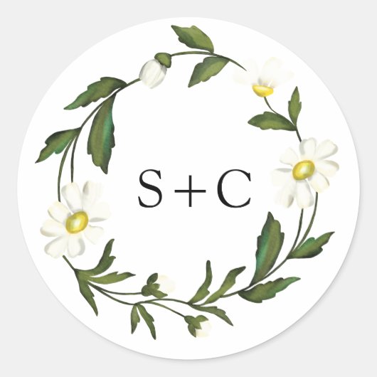 モノグラエレガントムシンプルデイジーフローラ結婚ズ ラウンドシール (正面)