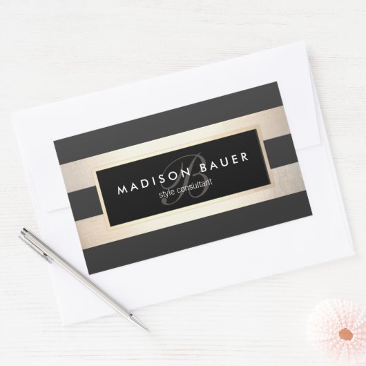 モノグラエレガントムストライプのブラックと金フェイク箔 長方形シール (封筒)