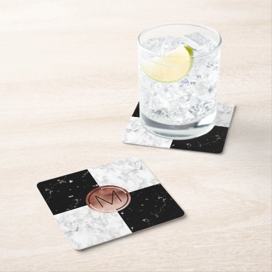 モノグラエレガントムバラ金ゴールド白黒大理石 スクエアペーパーコースター (インサイチュ)
