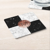 モノグラエレガントムバラ金ゴールド白黒大理石 スクエアペーパーコースター (アングル)