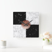 モノグラエレガントムバラ金ゴールド白黒大理石 スクエア壁時計 (ホーム)