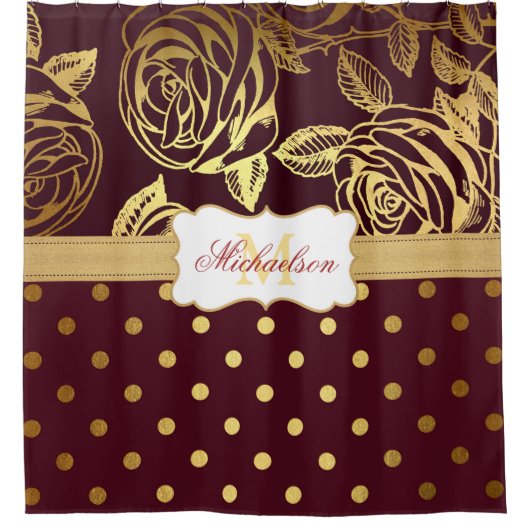 モノグラエレガントムバーガンディ金ゴールドバラ水玉模様 シャワーカーテン (正面)