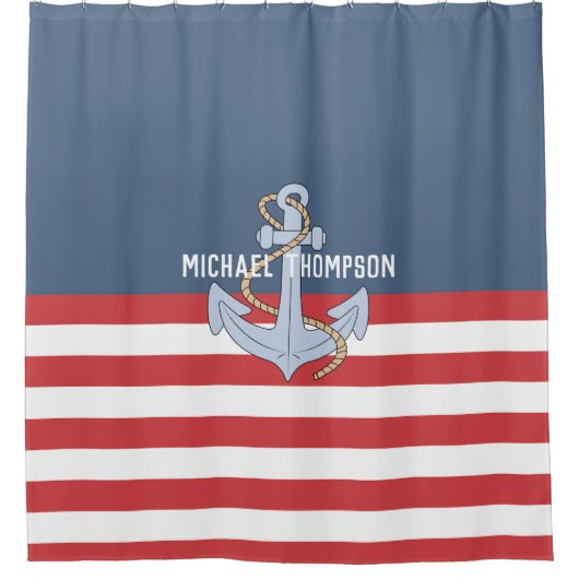 モノグラエレガントムビーチハウスいかりネイビストライプー シャワーカーテン (正面)