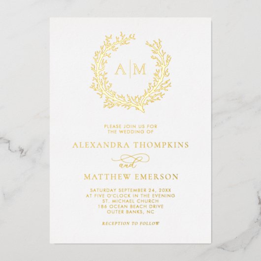 モノグラエレガントムビーチ結婚式実在金ゴールド 箔招待状 (正面)