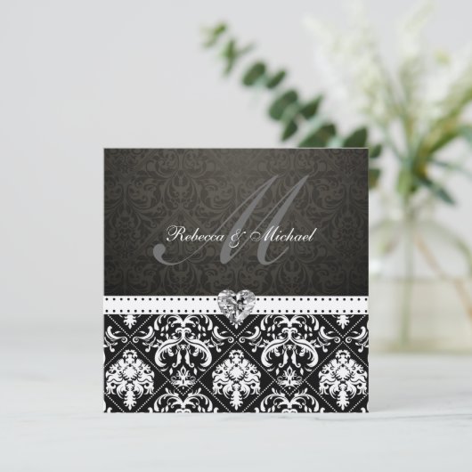 モノグラエレガントム付き黒と金ゴールドダマスク 招待状 (スタンド正面)