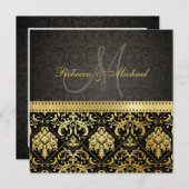 モノグラエレガントム付き黒と金ゴールドダマスク 招待状 (正面/裏面)