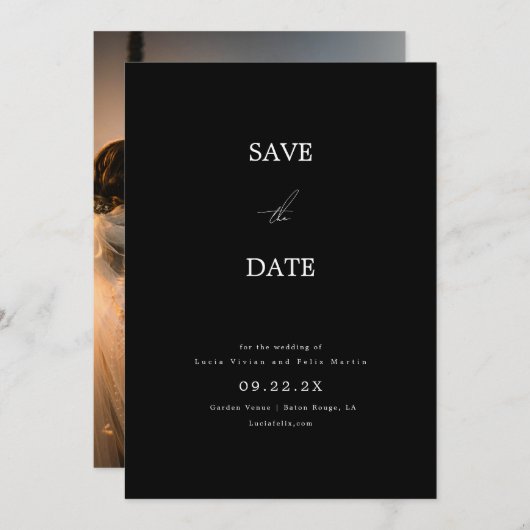 モノグラエレガントム写真ミニマルな日付を保存 招待状 (正面/裏面)