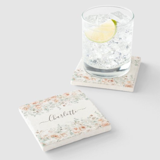 モノグラエレガントム素朴バラフローラ緑 ストーンコースター (横)