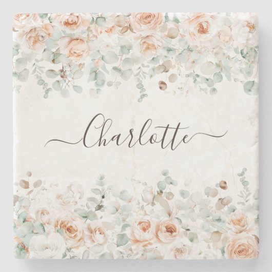 モノグラエレガントム素朴バラフローラ緑 ストーンコースター (正面)