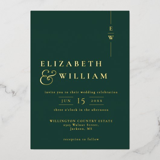 モノグラエレガントム結婚のエメラルドグリーンと金ゴールド 箔招待状 (正面)