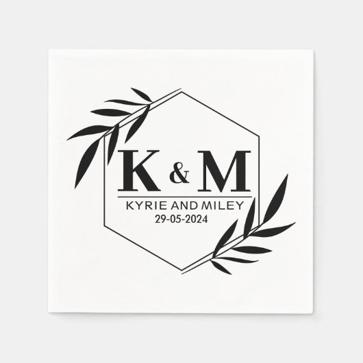 モノグラエレガントム結婚グラムの白黒 スタンダードカクテルナプキン (正面)