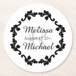 モノグラエレガントム結婚白黒灰色 ラウンドペーパーコースター