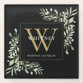 モノグラエレガントム緑モダン系黒金ゴールド ガラスコースター (正面)