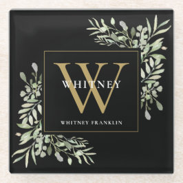 モノグラエレガントム緑モダン系黒金ゴールド ガラスコースター