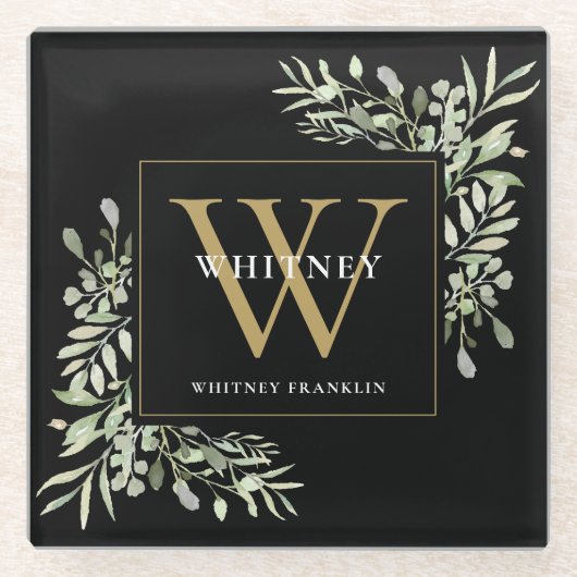 モノグラエレガントム緑モダン系黒金ゴールド ガラスコースター (正面)