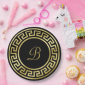 モノグラエレガントム金ゴールドグリッターギリシャ鍵ブラック ペーパープレート (パーティー)