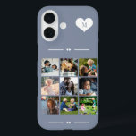 モノグラエレガントム9フォトコラージュ青 iPhone 16ケース<br><div class="desc">9つの家族、子供、ペットや友達の画像を追加して最高の、ほこりっぽい青い背景の上に白いハートの中にあなたのモノグラム名のイニシャルと独自の美しい写真コラージュの電話ケースを作成する。           簡単の正方形の画像と文字カスタムでパーソナライズする</div>