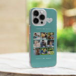 モノグラエレガントム9枚の写真コラージュ Case-Mate iPhone 14ケース<br><div class="desc">ティール（緑がかった色）の緑の背景の上に白いハートの中にあなたのモノグラム名のイニシャルと独自の美しい写真のコラージュの電話ケースを作成して最高の9家族、子供、ペットや友人の画像を追加フェミニン。           簡単の正方形の画像と文字カスタムでパーソナライズする</div>