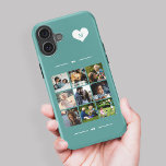 モノグラエレガントム9枚の写真コラージュ iPhone 16ケース<br><div class="desc">ティール（緑がかった色）の緑の背景の上に白いハートの中にあなたのモノグラム名のイニシャルと独自の美しい写真のコラージュの電話ケースを作成して最高の9家族、子供、ペットや友人の画像を追加フェミニン。           簡単の正方形の画像と文字カスタムでパーソナライズする</div>