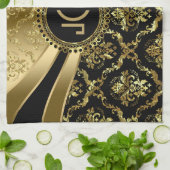 モノグラエレガントームブラック&金ゴールドフローラダマスク2c キッチンタオル (折り畳み)