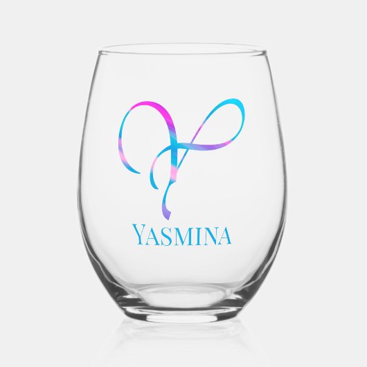 モノグラカスタマイズム「Y」名前抽象芸術春青 ステムなしワイングラス (正面)