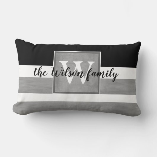 モノグラカスタムム枕グレーと白のストライプ ランバークッション (正面)