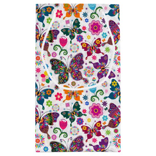 モノグラカラフルム蝶と花のパターン スモールペーパーバッグ (裏面)