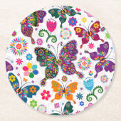 モノグラカラフルム蝶と花のパターン ラウンドペーパーコースター (正面)