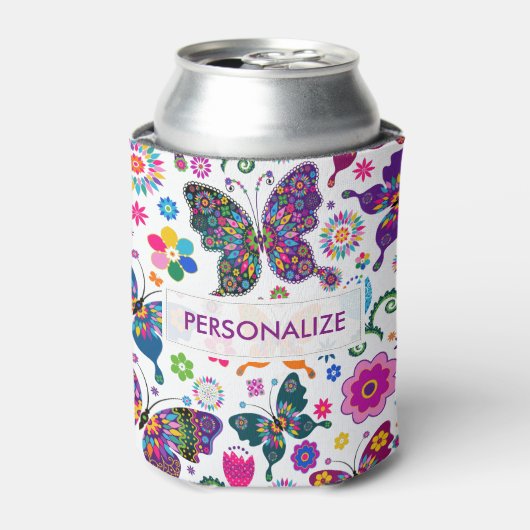 モノグラカラフルム蝶と花のパターン 缶クーラー (缶正面)