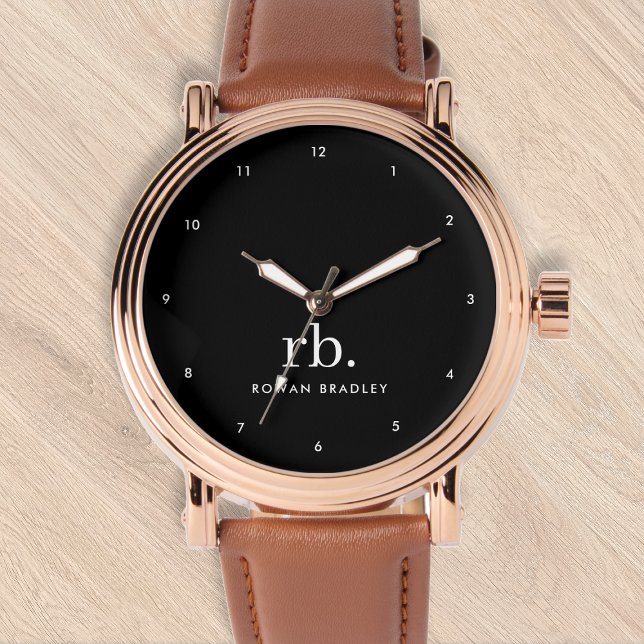 モノグラクラシックムエレガントミニマル白黒 腕時計 (Sleek black modern monogram custom watch.)