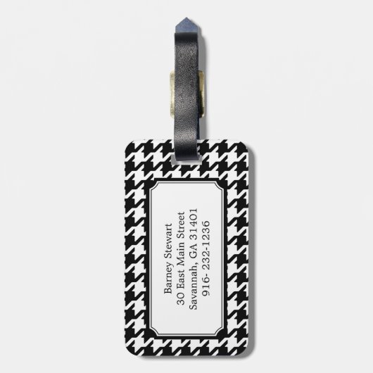 モノグラクラシックム付きの白黒千鳥格子のと黒 ラゲッジタグ (裏面縦)