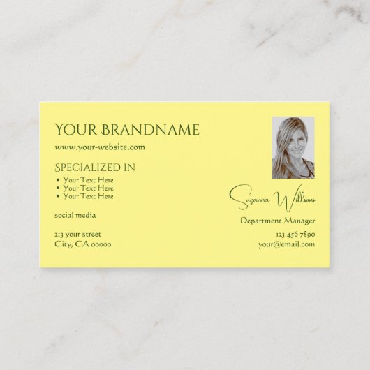 モノグラシンプルムと写真を含む無地の淡い黄色 名刺 (裏面)