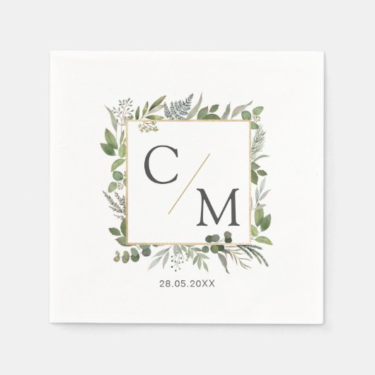 モノグラシンプルムエレガントユーカリ スタンダードカクテルナプキン (正面)