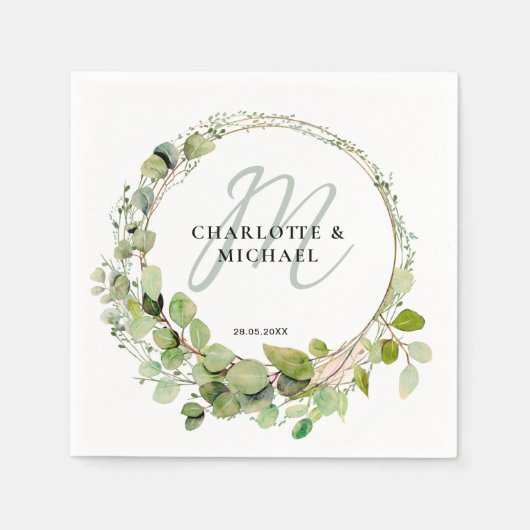 モノグラシンプルムエレガント・ユーカリ結婚の スタンダードカクテルナプキン (正面)