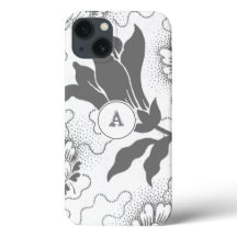 モノグラシンプルム付きフローラグレー白色プリント