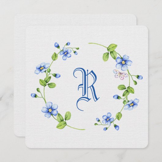 モノグラシンプルム付き青色フローラリース 招待状 (正面/裏面)