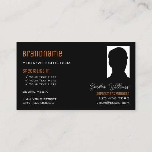 モノグラスタイリッシュムと写真とプレーンなオレンジ色の黒 名刺 (裏面)