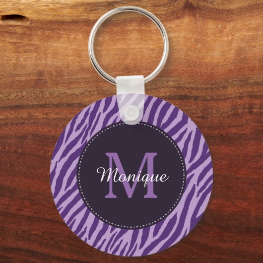 モノグラスタイリッシュムと名前の紫ゼブラ印刷 キーホルダー (正面)