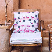 モノグラストライプのムのピンクのフラミンゴとブルーのフローラ クッション