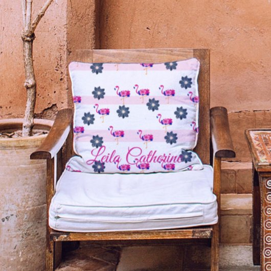 モノグラストライプのムのピンクのフラミンゴとブルーのフローラ クッション