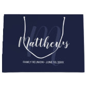 モノグラパーソナライズされたムと姓ネイビーブルー ラージペーパーバッグ (正面)